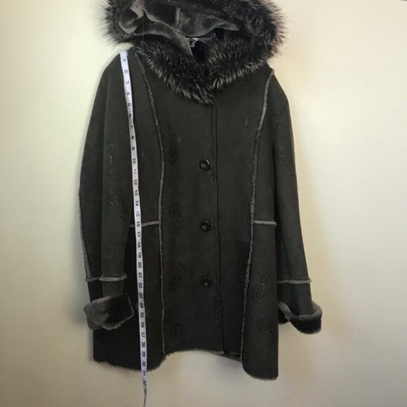 PIZAZZ  Vintage Y2K Faux Fur Shearling Hood Paisley Coat Jacket Cozy Fur Lined L - Picture 10 of 16
